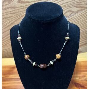 Vintage Wooden & Natural Material Beaded Necklace Silver Tone Chain Spring Clasp